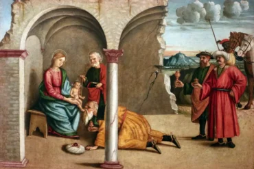 Agabiti's Adoration of the Magi masterwork showing Renaissance architectural elements and sacred figures