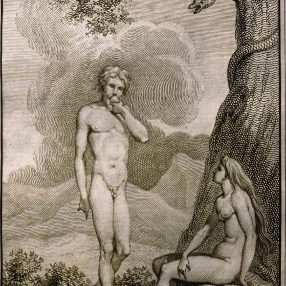 Abildgaard's engraving depicting Adam and Eve in the Garden of Eden, showcasing masterful line technique Detailed view of Abildgaard's Adam and Eve engraving highlighting the artist's psychological insight