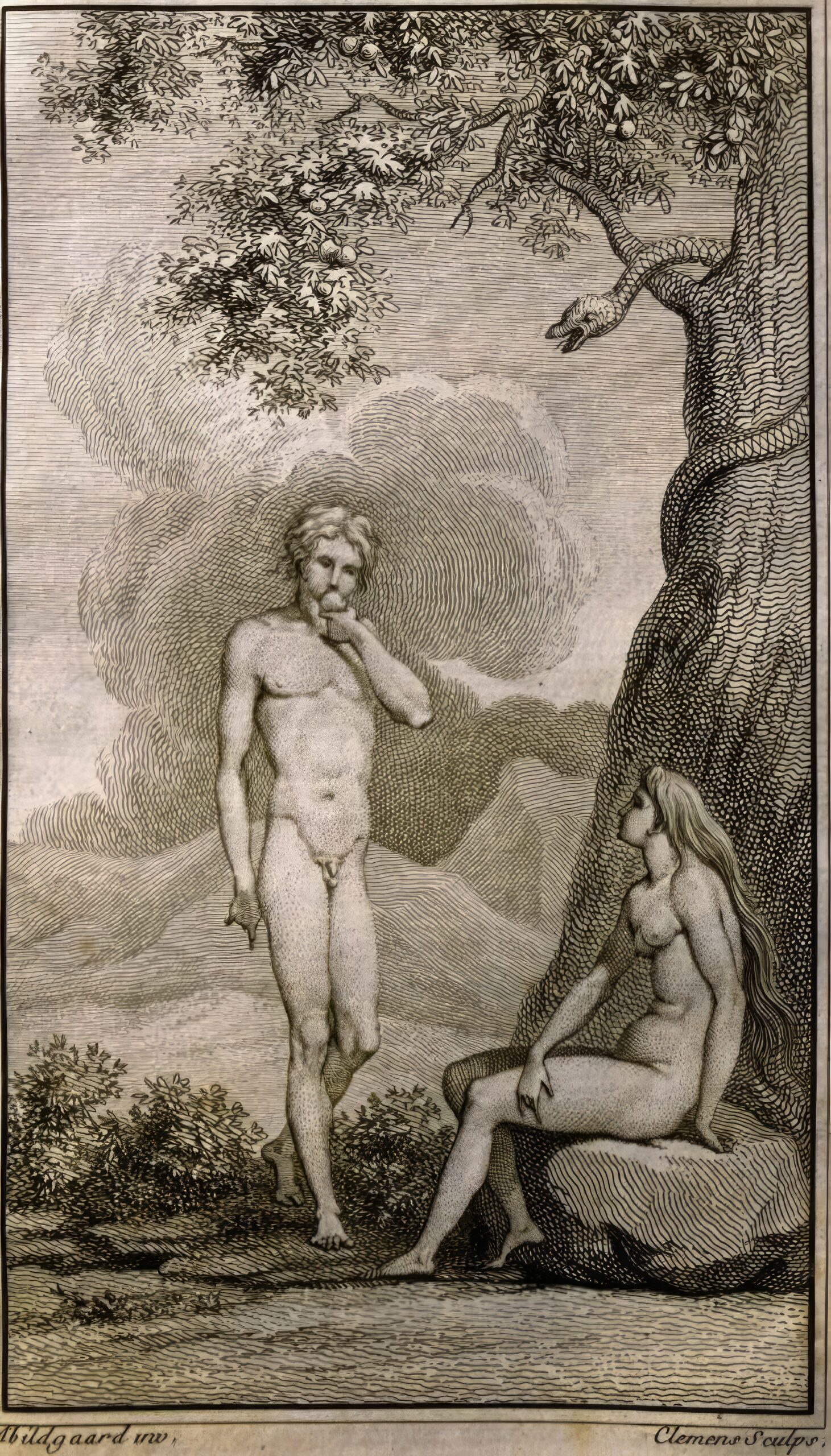 Abildgaard's engraving depicting Adam and Eve in the Garden of Eden, showcasing masterful line technique Detailed view of Abildgaard's Adam and Eve engraving highlighting the artist's psychological insight