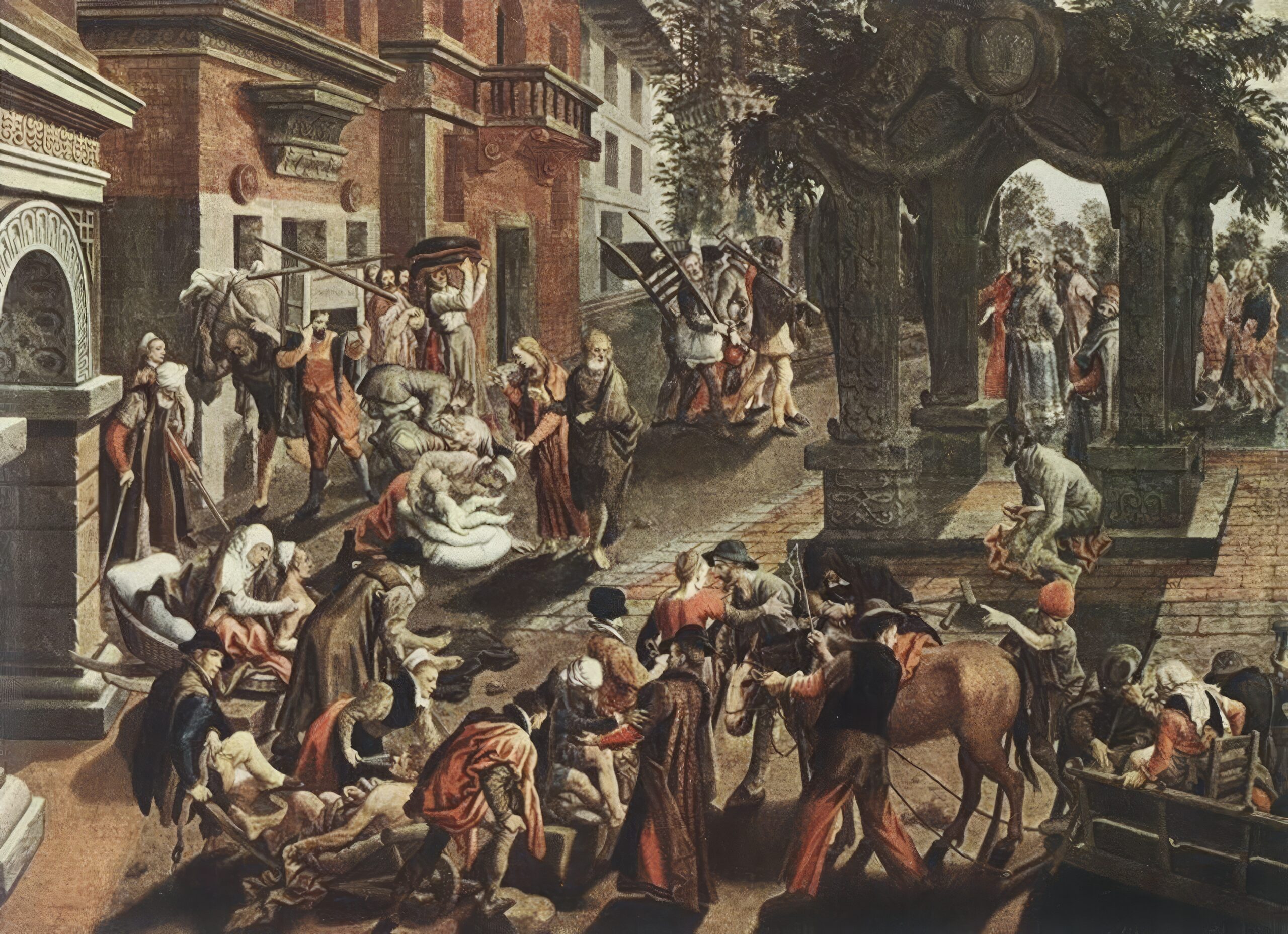 Apostles Peter and John moving through city streets, painted by Aertsen with masterful light and shadow effects