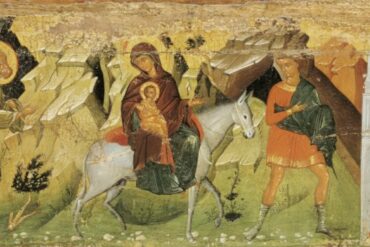 Flight into Egypt icon showcasing the full composition with holy family and landscape elements