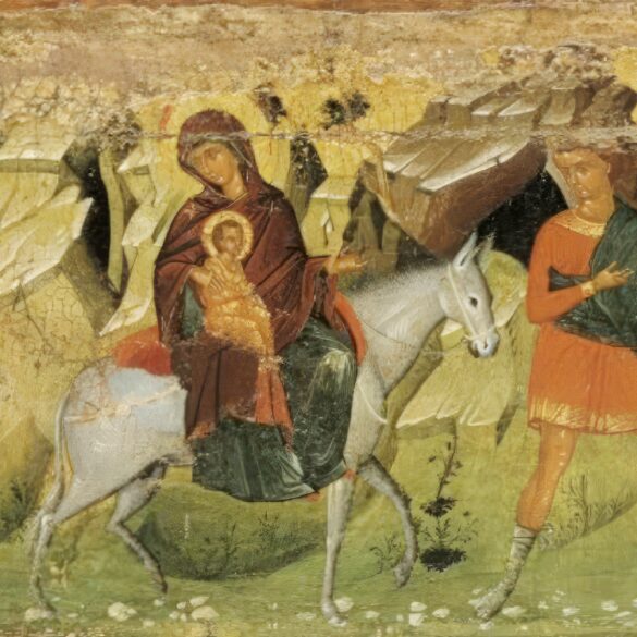 Flight into Egypt icon showcasing the full composition with holy family and landscape elements