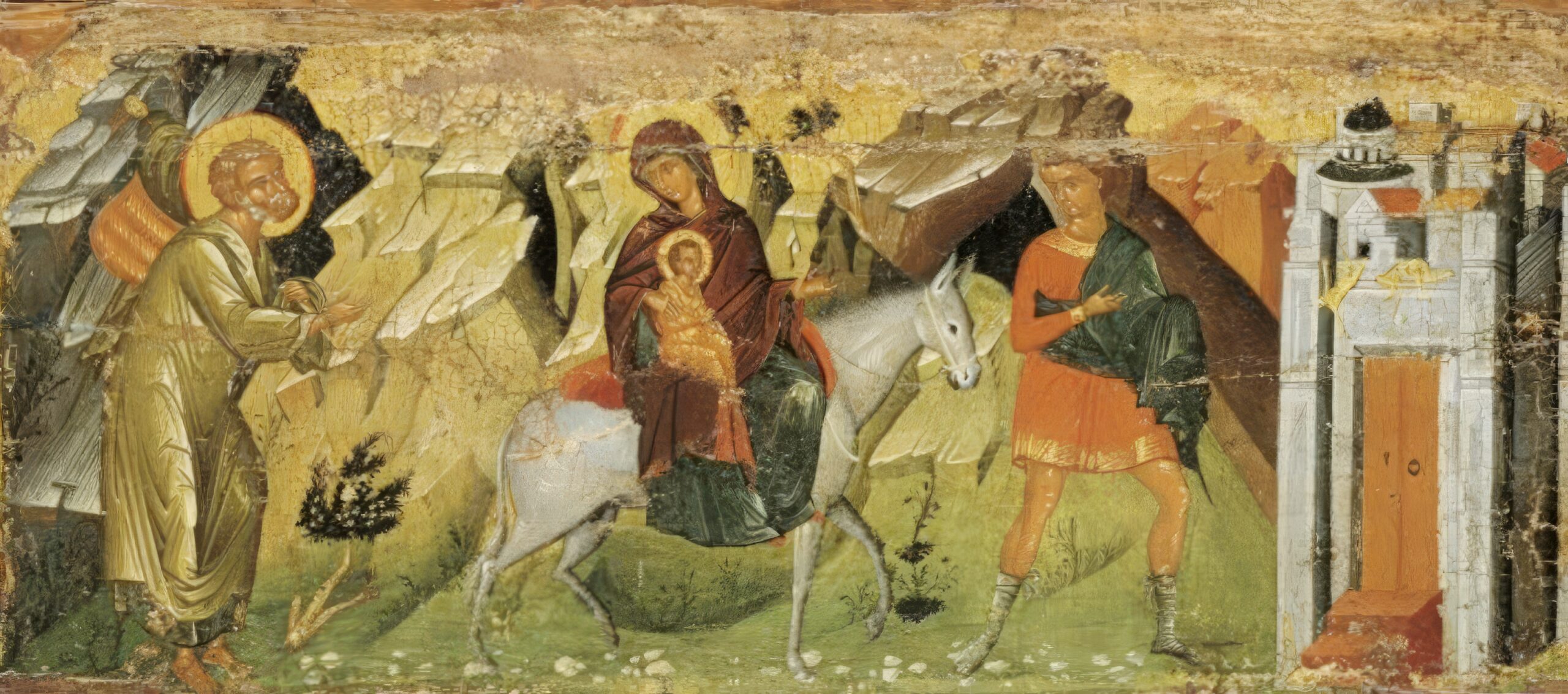 Flight into Egypt icon showcasing the full composition with holy family and landscape elements