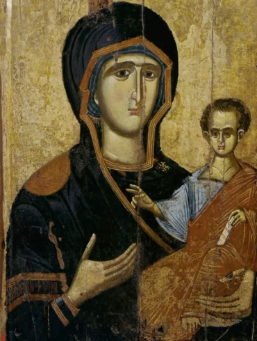 Panagia Hodegetria double-sided Byzantine icon showing the Virgin pointing to Christ, 14th century Macedonian masterwork