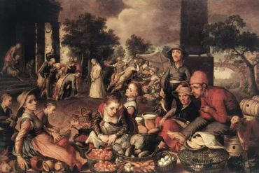 Pieter Aertsen's masterwork showing market vendors and produce with biblical scene in background, oil on wood