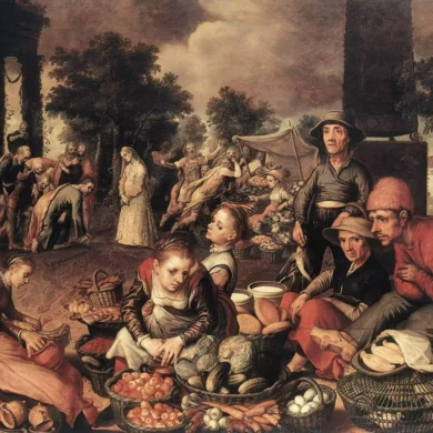 Pieter Aertsen's masterwork showing market vendors and produce with biblical scene in background, oil on wood