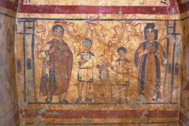 Early Byzantine funerary mural showing family ritual scene with parents and children making offerings