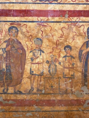 Early Byzantine funerary mural showing family ritual scene with parents and children making offerings