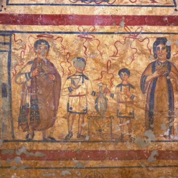 Early Byzantine funerary mural showing family ritual scene with parents and children making offerings