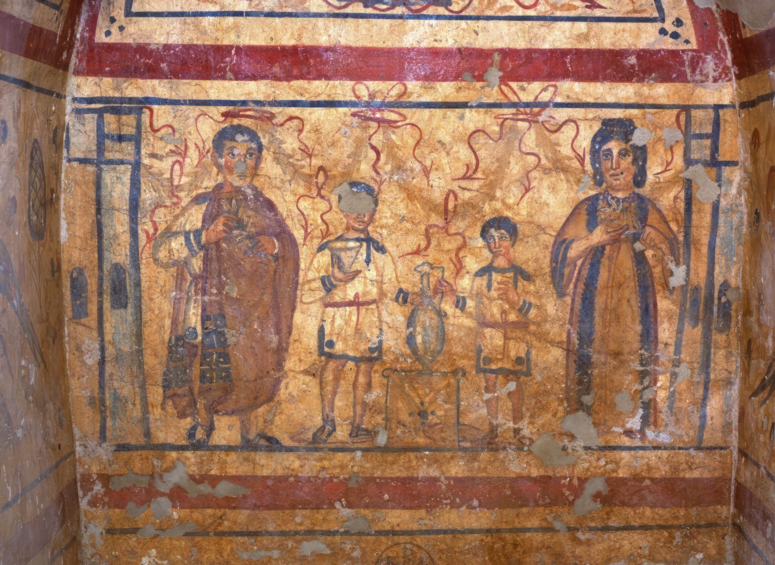 Early Byzantine funerary mural showing family ritual scene with parents and children making offerings