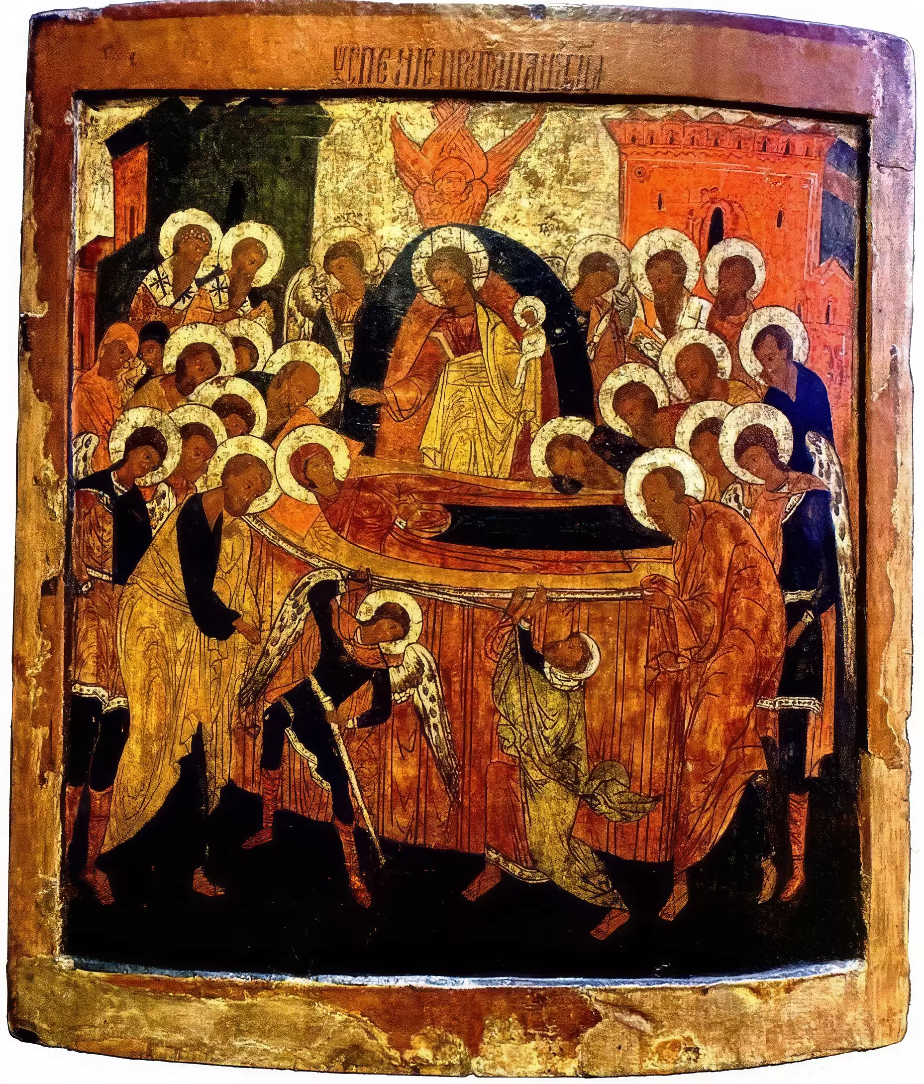 Icon of the Dormition depicting gathered apostles in extraordinary UHD clarity and color