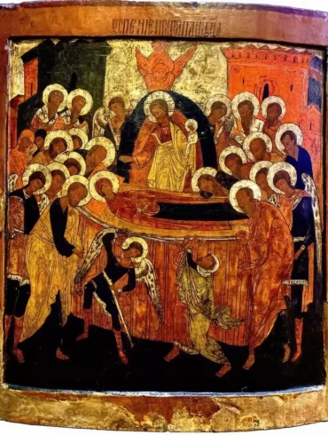 Icon of the Dormition from Novgorod School showing Christ receiving Mary's soul in detail