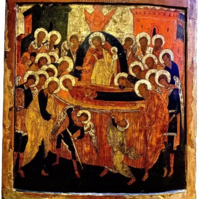 Icon of the Dormition from Novgorod School showing Christ receiving Mary's soul in detail