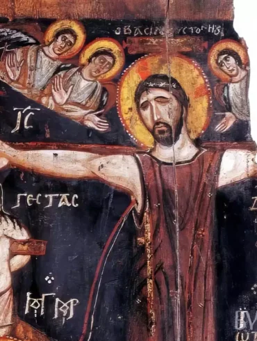 Detailed view of the Sinai Crucifixion showing the Theotokos in deep contemplation 5