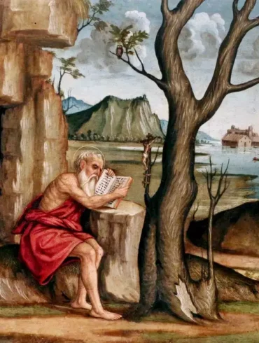 Agabiti Jerome Desert scene shows contemplative saint in Renaissance masterwork, viewed in stunning clarity