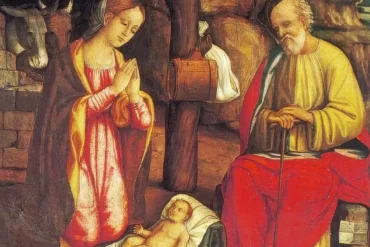 Agabiti Nativity masterpiece showing the holy family beneath wooden beams with divine light effects