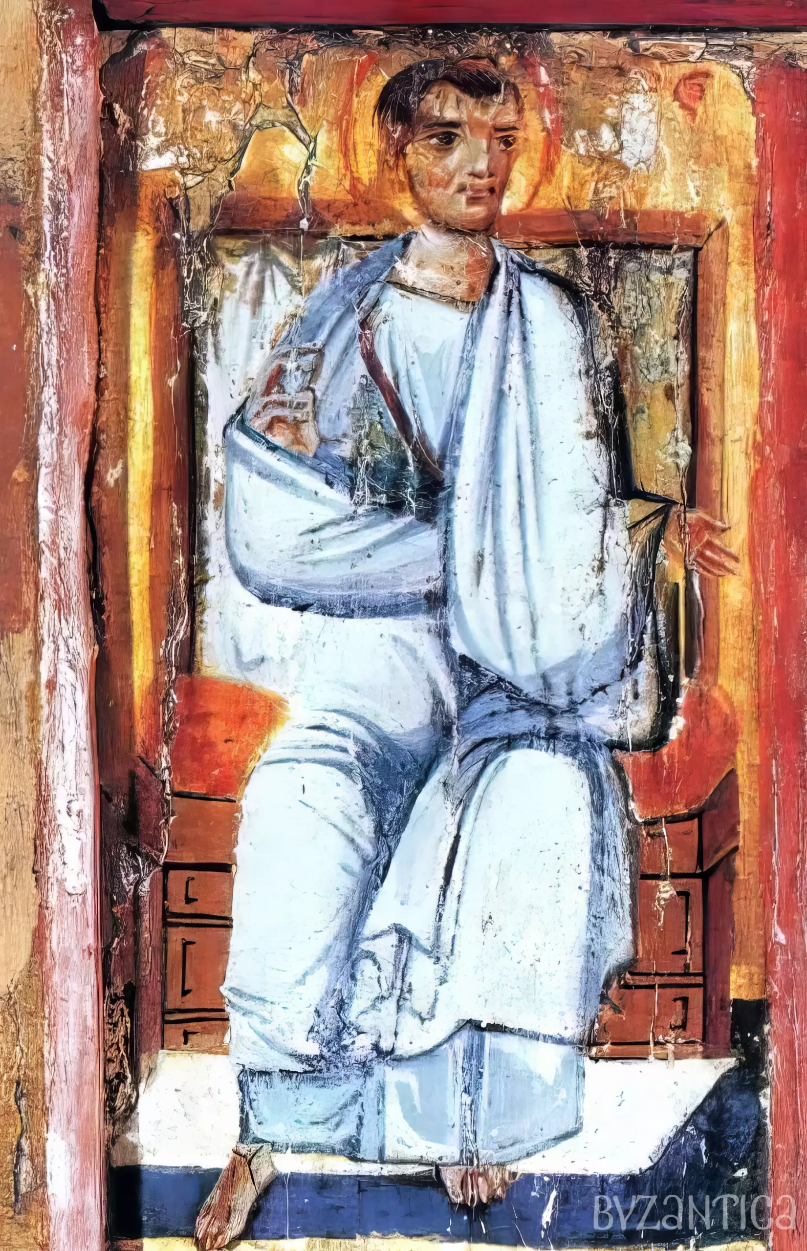 Venerated holy face of Christ painted in tempera and gold leaf, demonstrating the sophisticated theological-artistic synthesis of medieval Sinai monasticism.