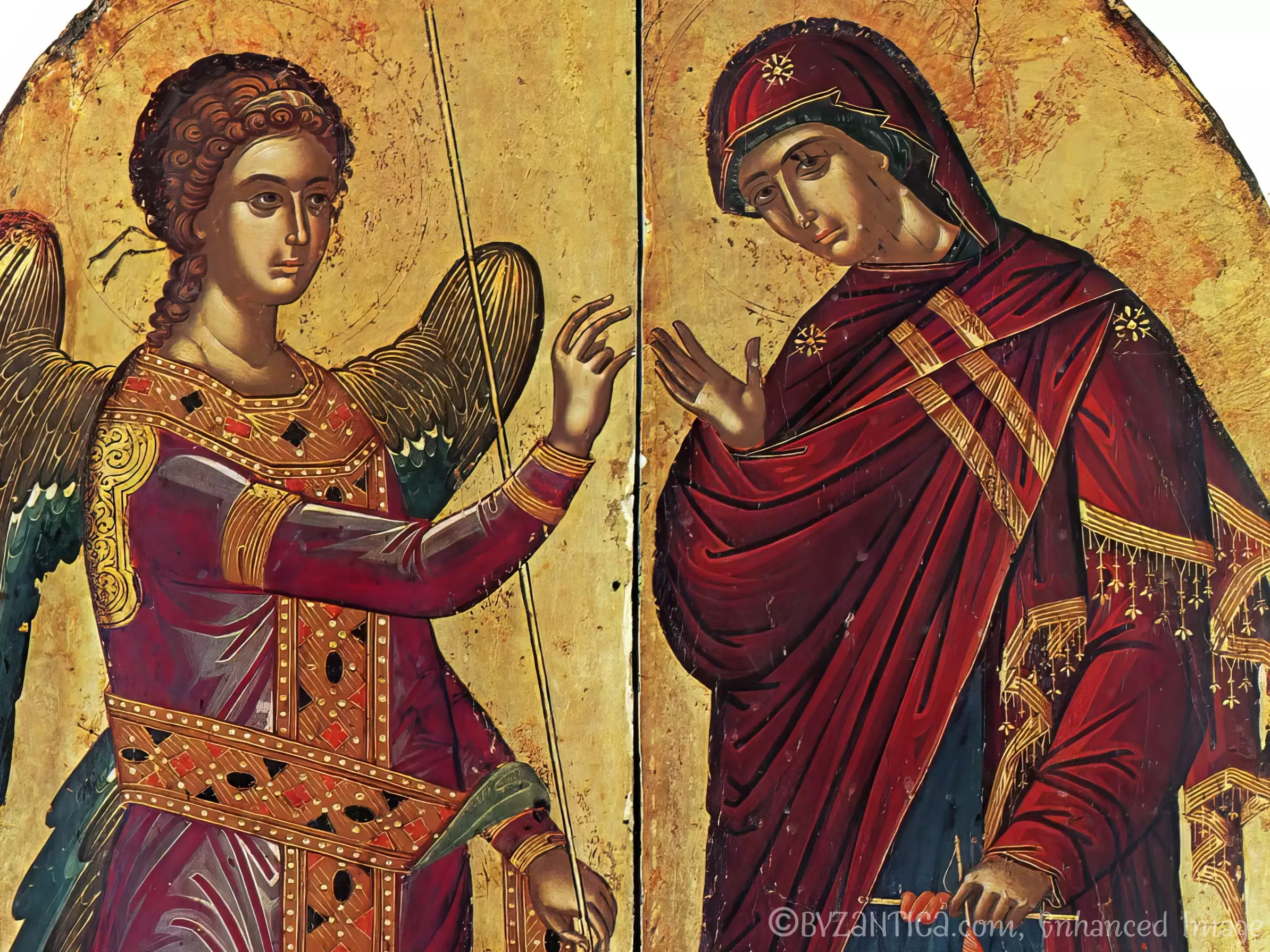 A close-up detail of the Annunciation by Theophanes showing faces of Angel Gabriel and Virgin Mary