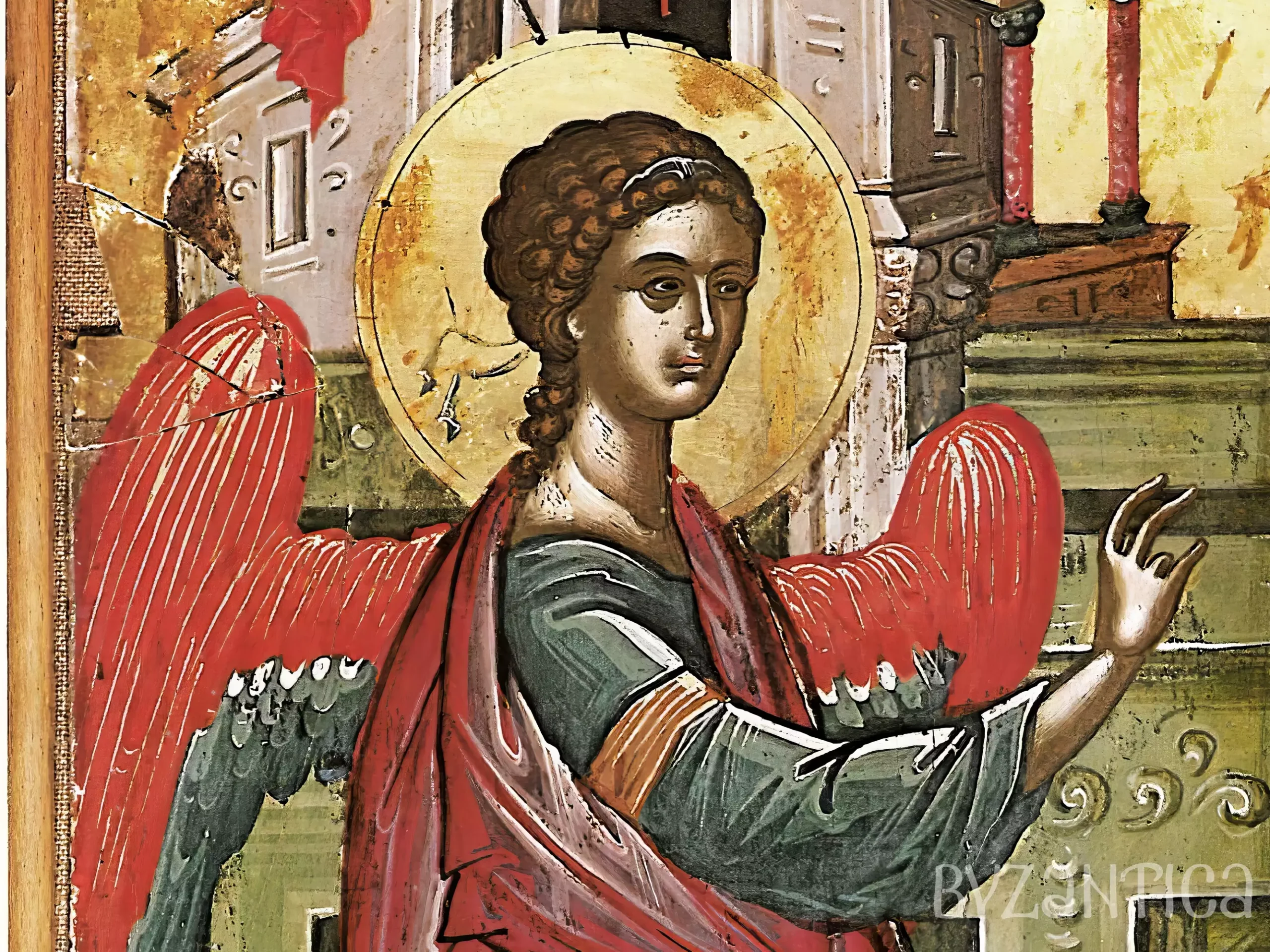 Archangel Gabriel detail from The Annunciation icon by Theophanes the Cretan, Byzantine icon