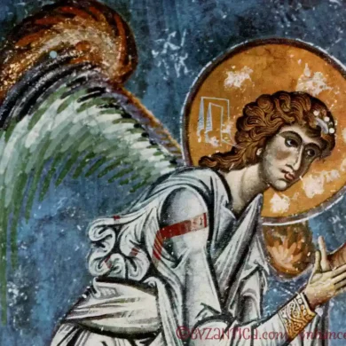 Angel frieze in Saint Sophia shows a celestial messenger in prayer, detail from 11th century Byzantine fresco in Ohrid