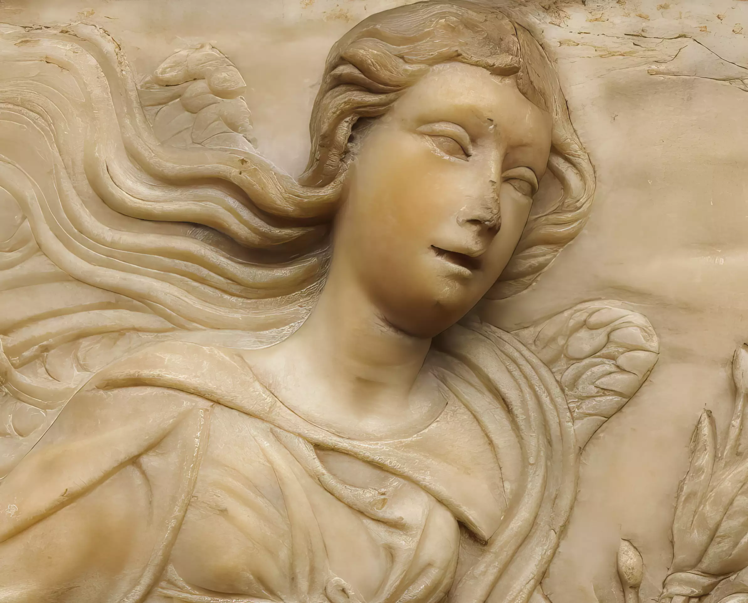 Detail of an angel's face with flowing hair from "Saint Bridget of Sweden Receiving the Rule of Her Order" marble relief by Agostino di Duccio.