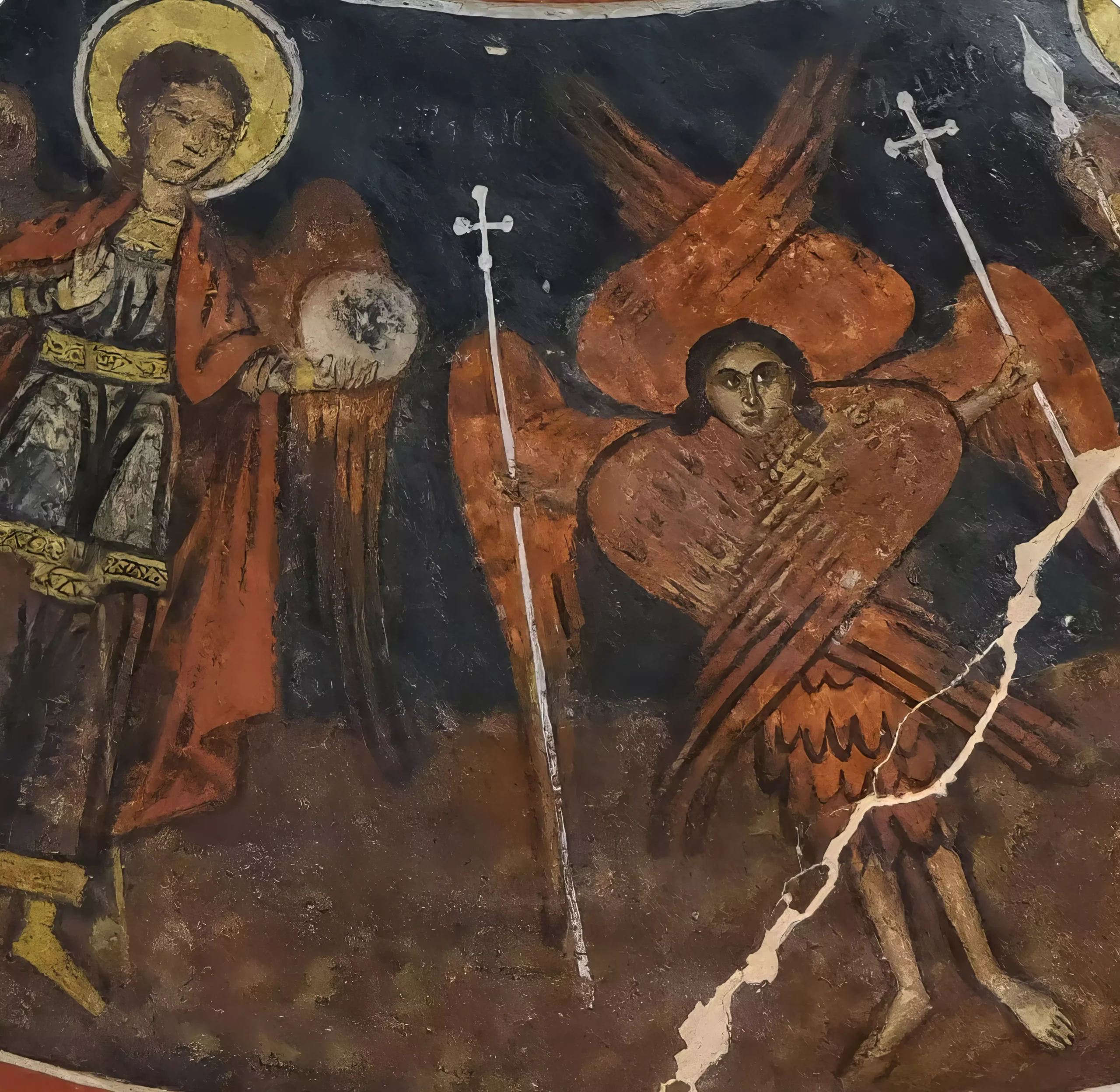 A fragmentary glimpse of celestial beings from the Pelekiti dome, featuring a saint and six-winged seraphim in egg tempera and gold leaf