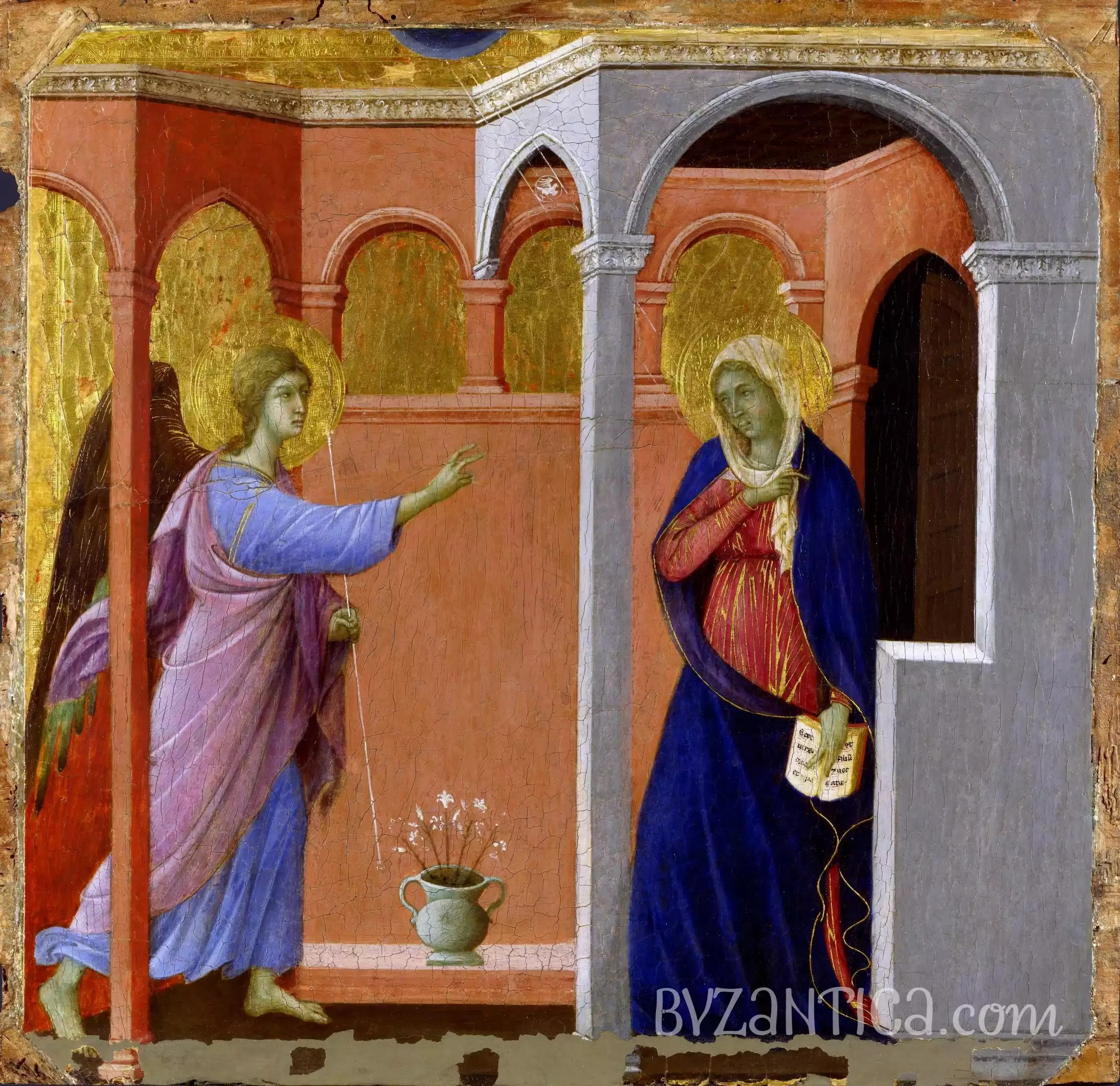 Annunciation by Duccio full view in Ultra High Resolution showing the divine encounter between Mary and Gabriel