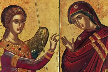 Annunciation by Theophanes detail showing faces of Archangel Gabriel and Virgin Mary in intimate sacred dialogue