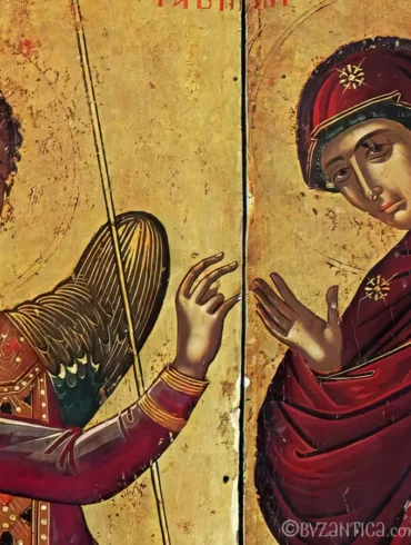 Annunciation by Theophanes detail showing faces of Archangel Gabriel and Virgin Mary in intimate sacred dialogue