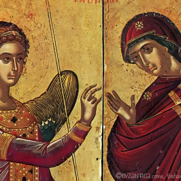 Annunciation by Theophanes detail showing faces of Archangel Gabriel and Virgin Mary in intimate sacred dialogue