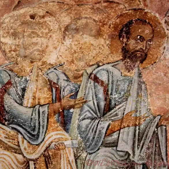 Apostles Communion scene detail showing two apostolic figures with golden halos against salmon-pink background