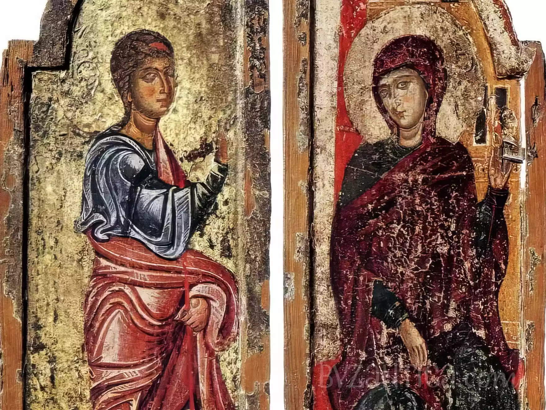 Detail of Archangel Gabriel from Annunciation Doors in Timios Stavros Byzantine icon showing celestial messenger