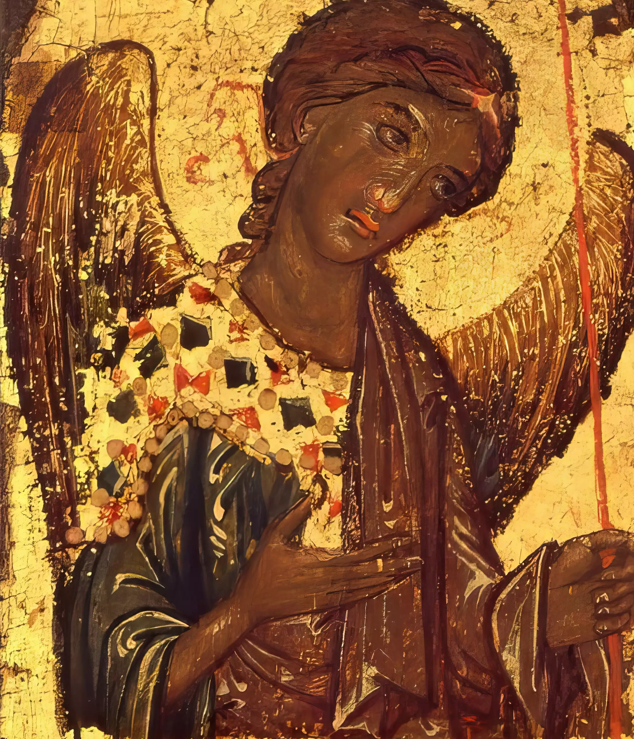 Detail view of Archangel's face and wings, Byzantine tempera and gold leaf icon, 17th century AD