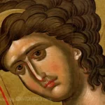 Archangel Gabriel in Vatopedi Byzantine icon detail showing the angel's face with refined modeling and spiritual depth