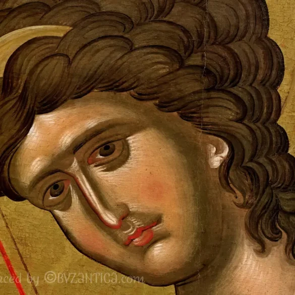 Archangel Gabriel in Vatopedi Byzantine icon detail showing the angel's face with refined modeling and spiritual depth