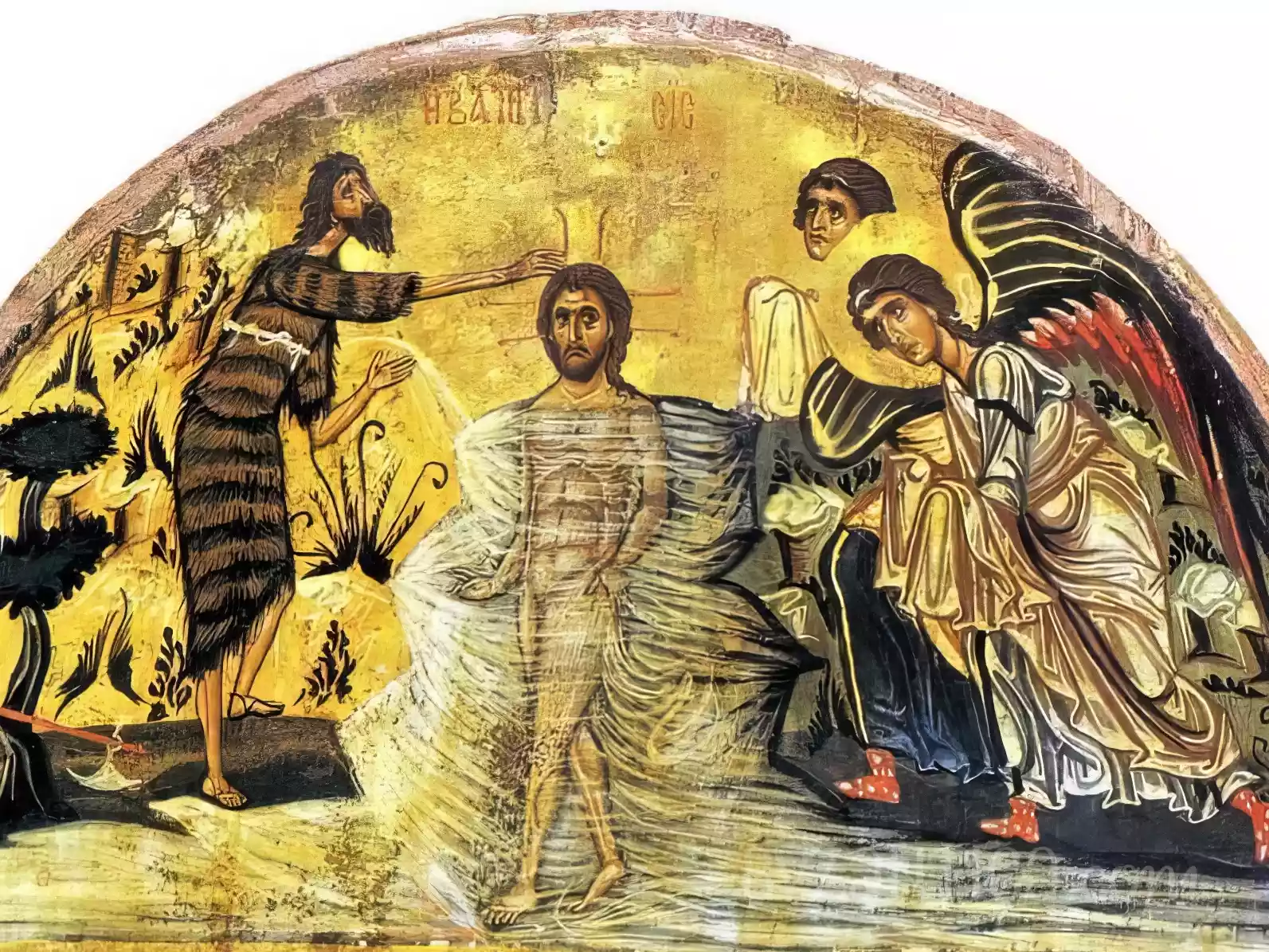 Upper arched detail of Tetraptych Dodekaorton at Sinai showing Baptism in byzantine icon