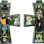 Intricate detail of the Beresford Hope Cross showing Byzantine cloisonné enamel work and saint figures in gold settings