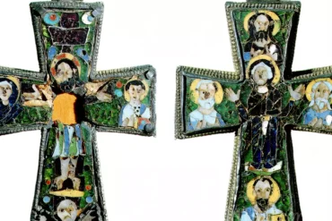 Intricate detail of the Beresford Hope Cross showing Byzantine cloisonné enamel work and saint figures in gold settings