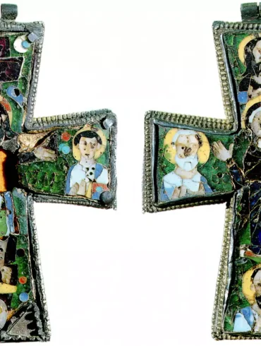 Intricate detail of the Beresford Hope Cross showing Byzantine cloisonné enamel work and saint figures in gold settings