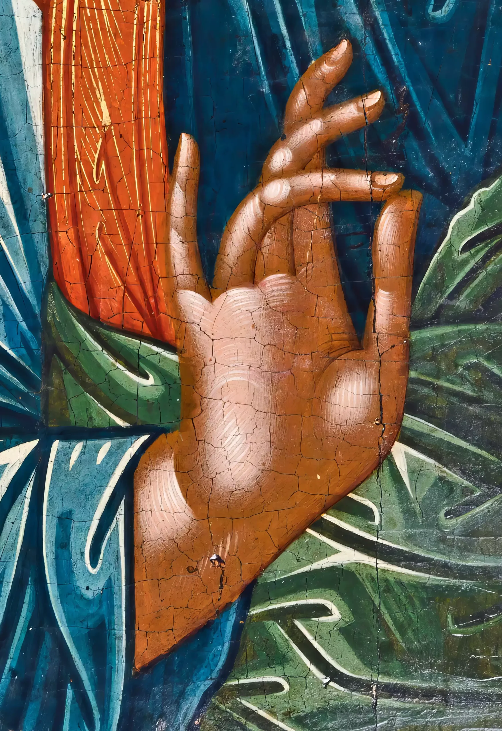 A gesture detail from the 18th century Byzantine icon showing Saint Andrew's right hand raised in blessing against richly colored drapery