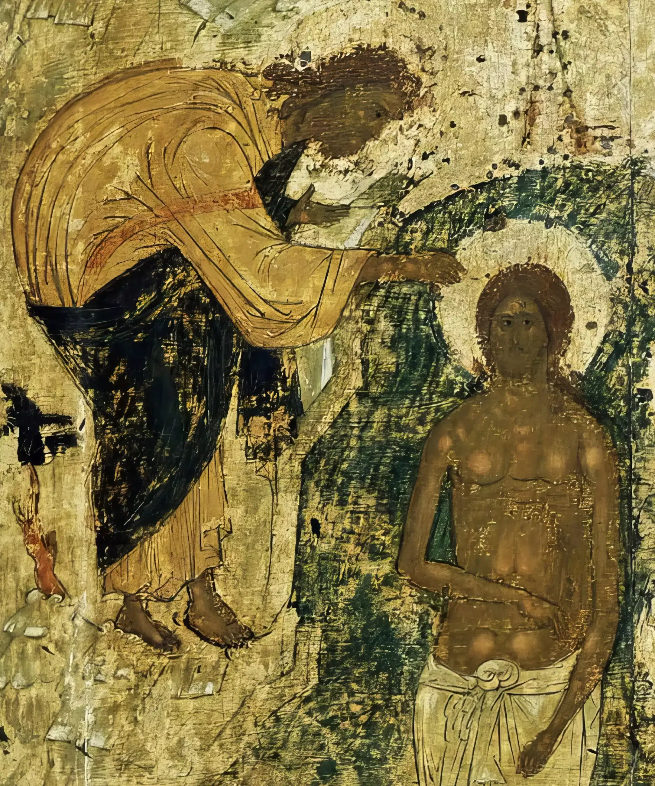 Detail from The Baptism by Andrei Rublev showing John the Baptist approaching Christ, who stands partially submerged in the Jordan River. The figures are rendered in earthen tones against a golden background.