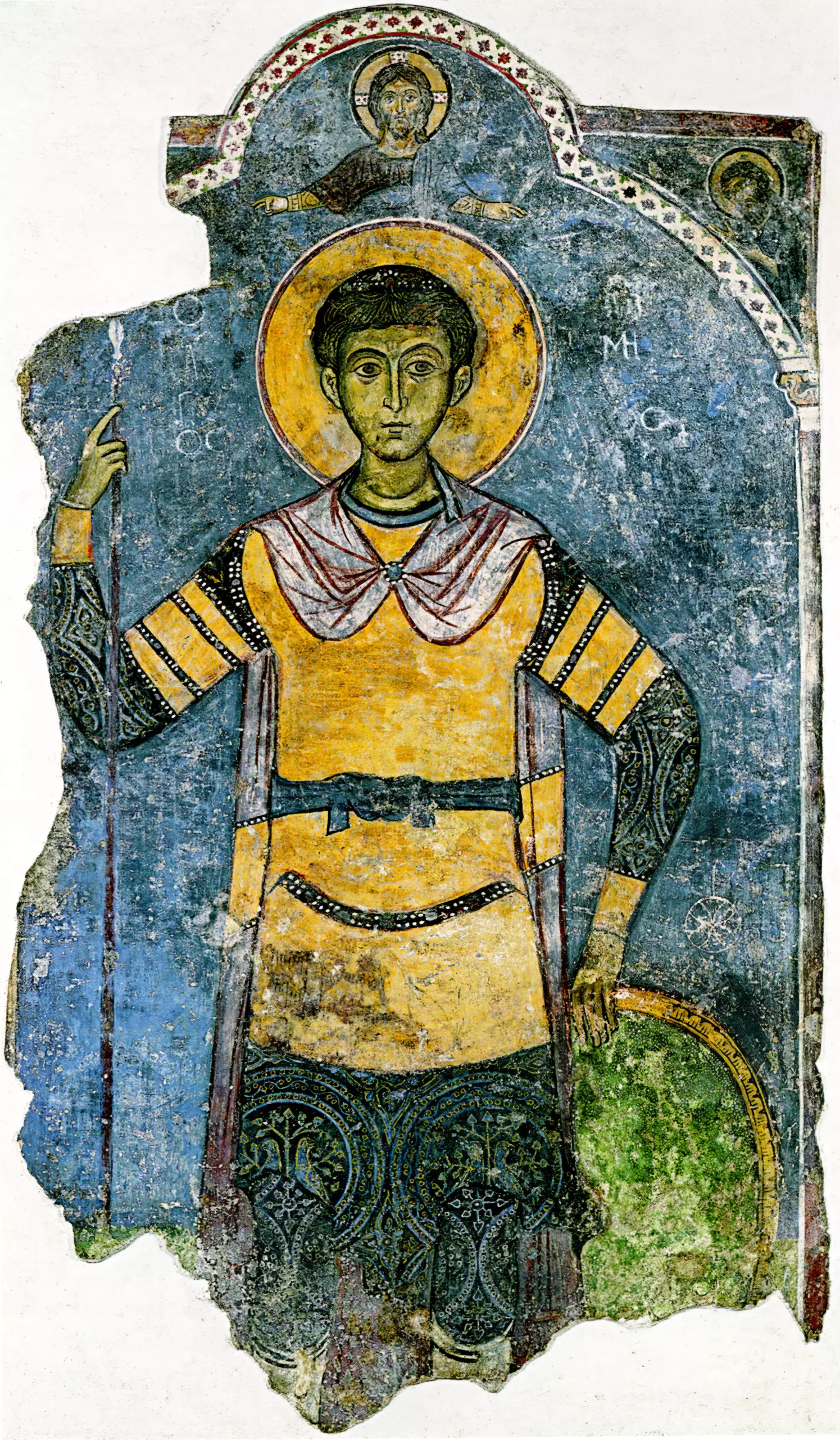 Larnaca fresco showing Saint Demetrios's face with golden halo from Kellia Church, medieval Cyprus UHD