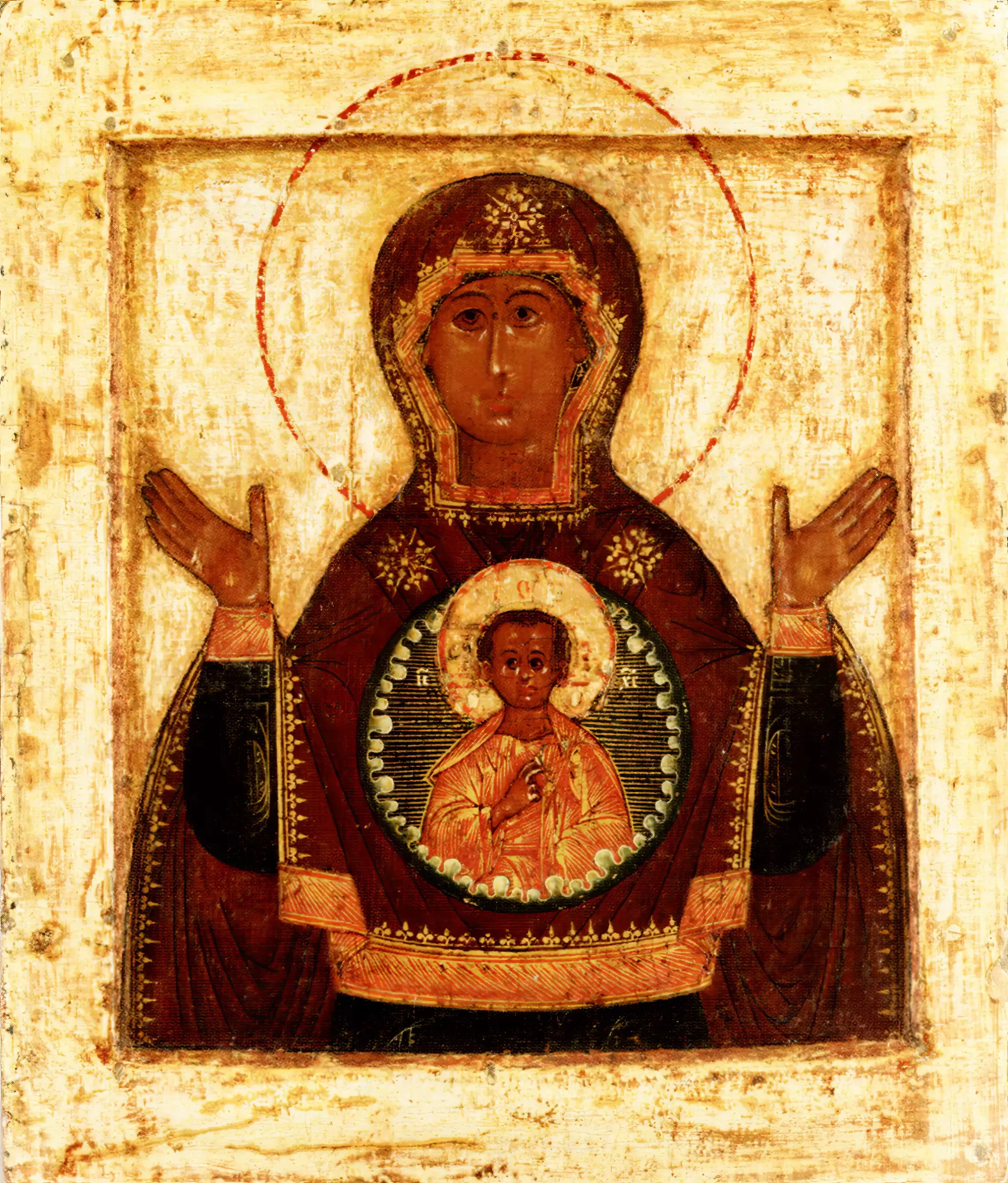 Russian Icon Madonna depicting the Theotokos in egg tempera and gold leaf technique, UHD sacred medieval art