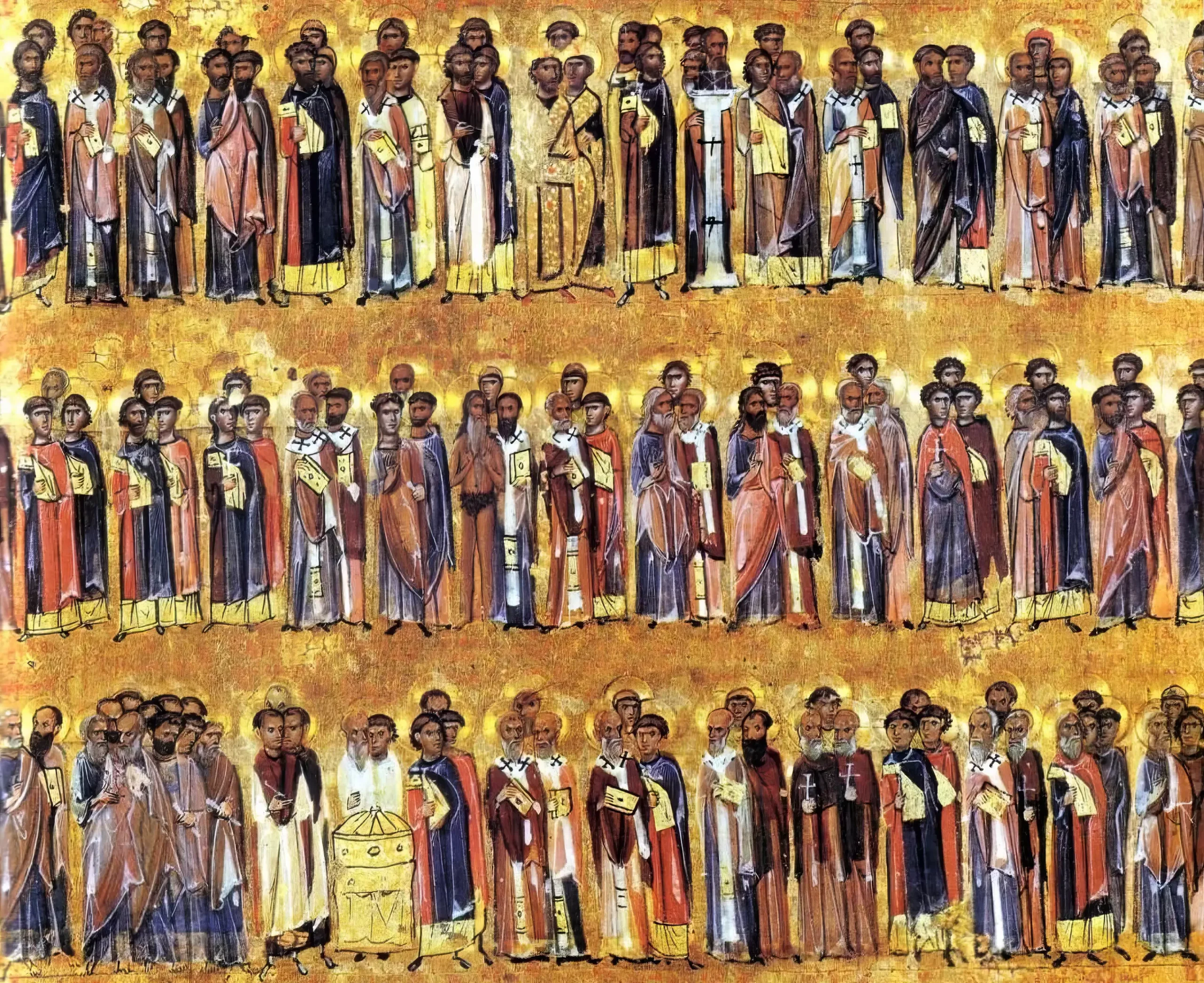 Detail of three registers showing assembled saints from the Sinai Menologion diptych, a Byzantine illuminated manuscript on gold ground, second half of 11th century AD.