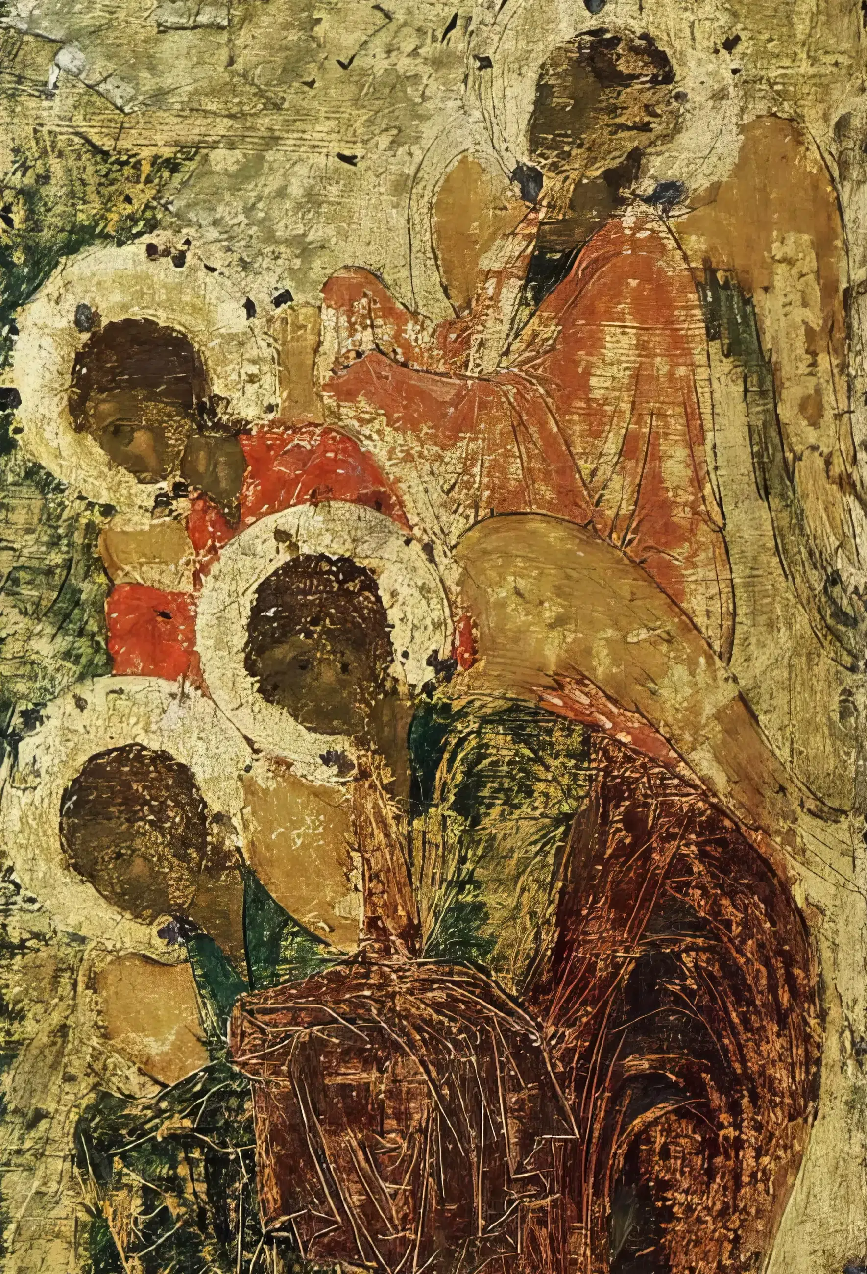 Detail from The Baptism of Christ by Andrei Rublev showing a group of angels in red and dark green robes with gold halos against a weathered gold background