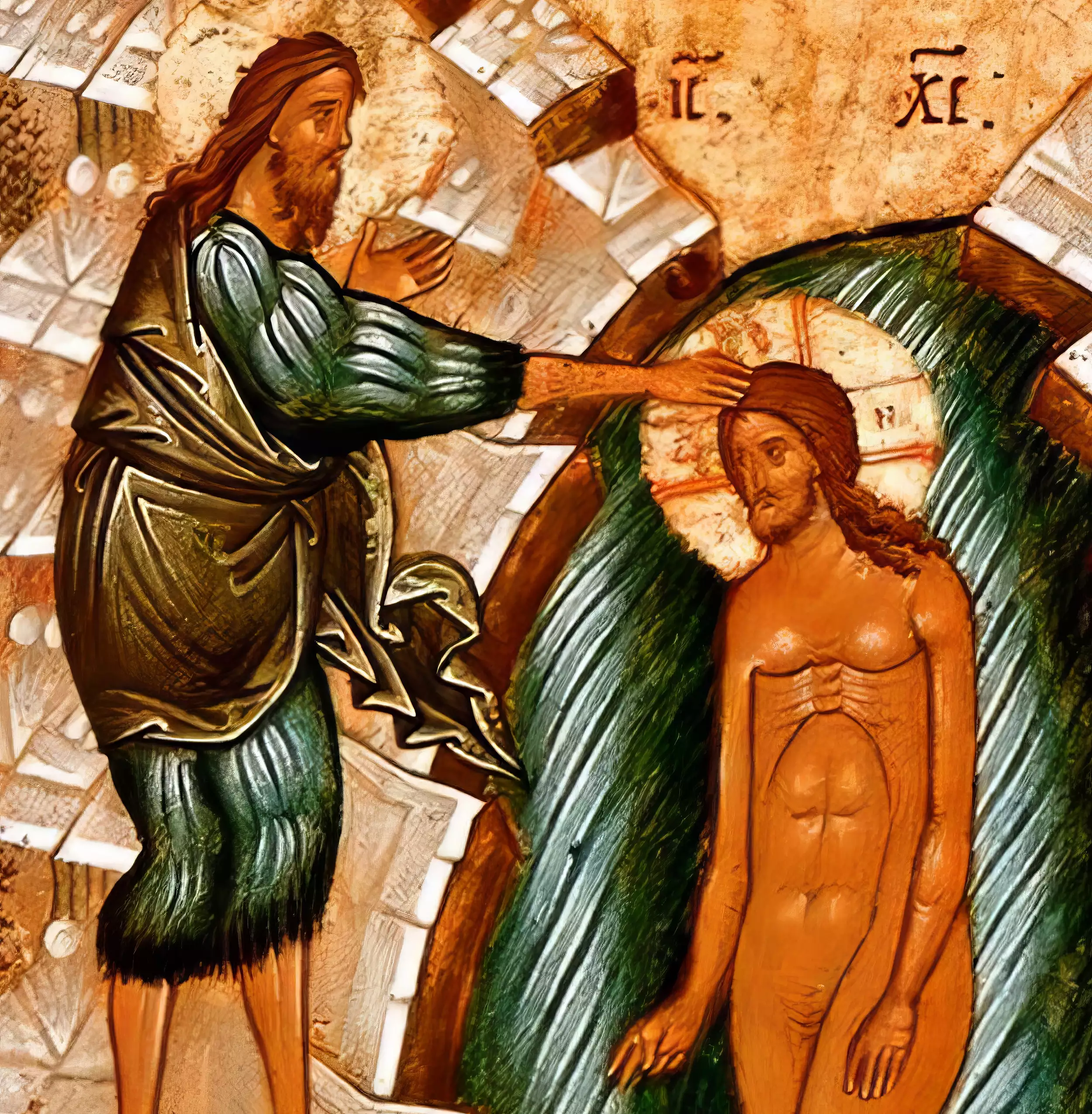 Detail from the 15th century Novgorod Baptism Icon showing John the Baptist performing the sacred ritual of Christ's baptism