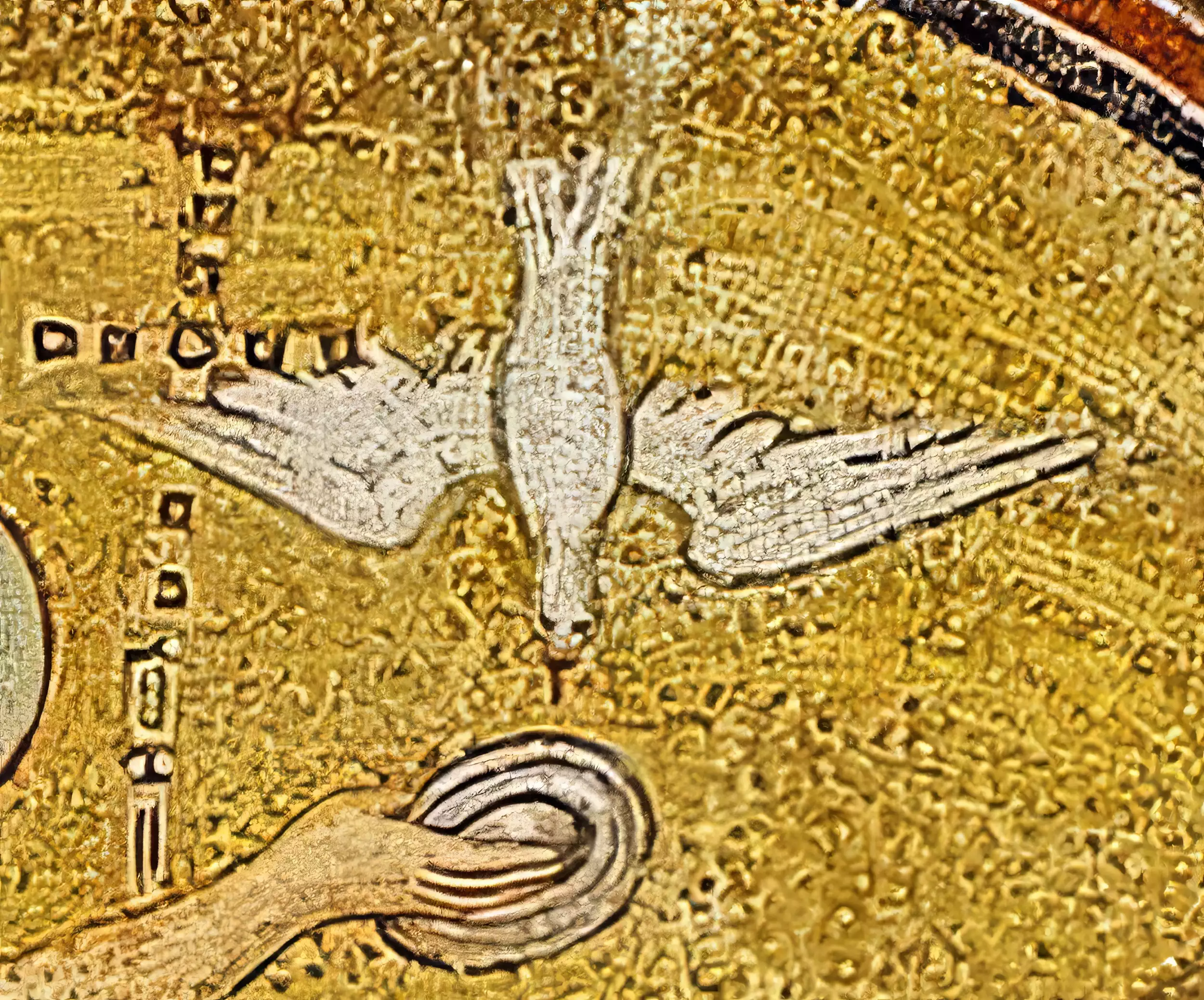 Detail of the descending dove from the 5th century Orthodox Baptism mosaic in Neonian Baptistery, Ravenna