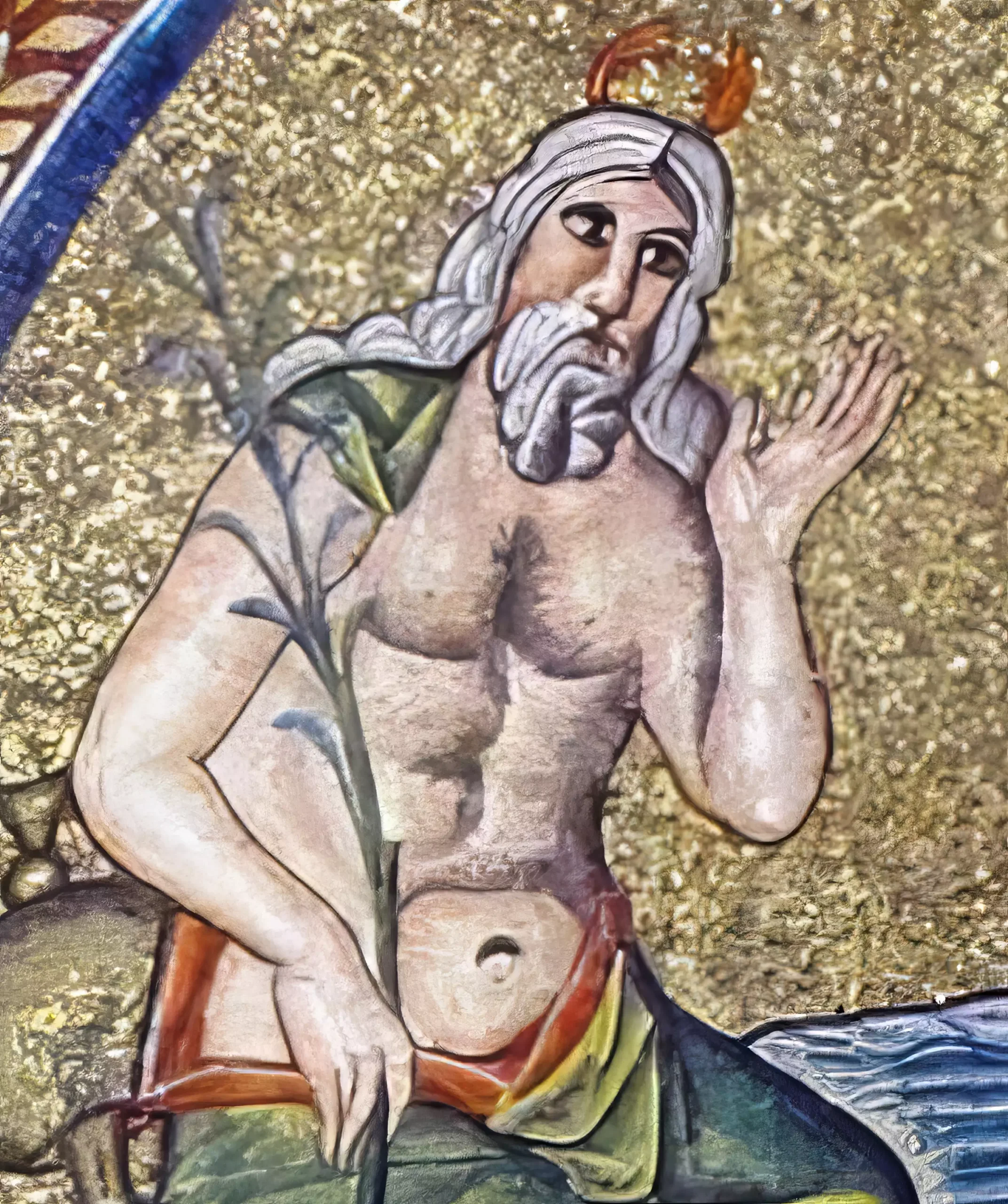 Detail of the River God from the Baptism of Christ mosaic, Arian Baptistery, unknown master mosaicist (493-526 CE)