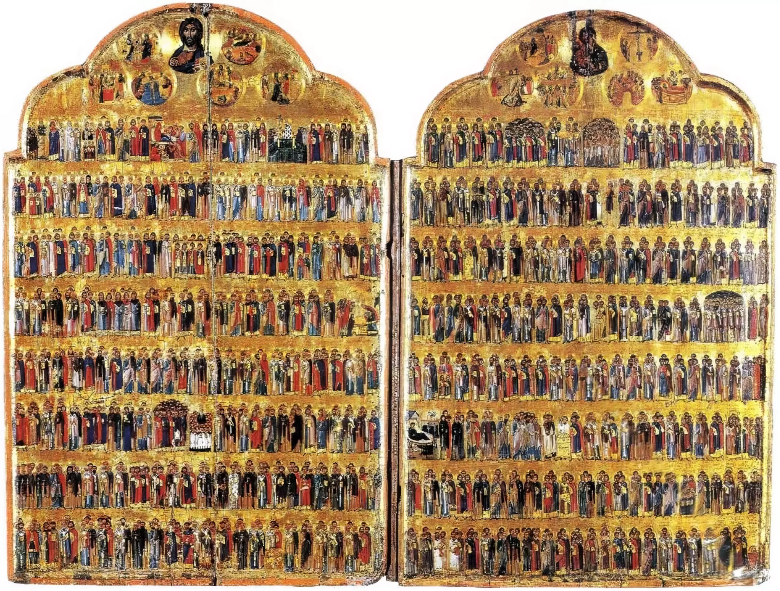 Sinai Menologion sacred calendar depicting procession of saints in Byzantine style, UHD resolution