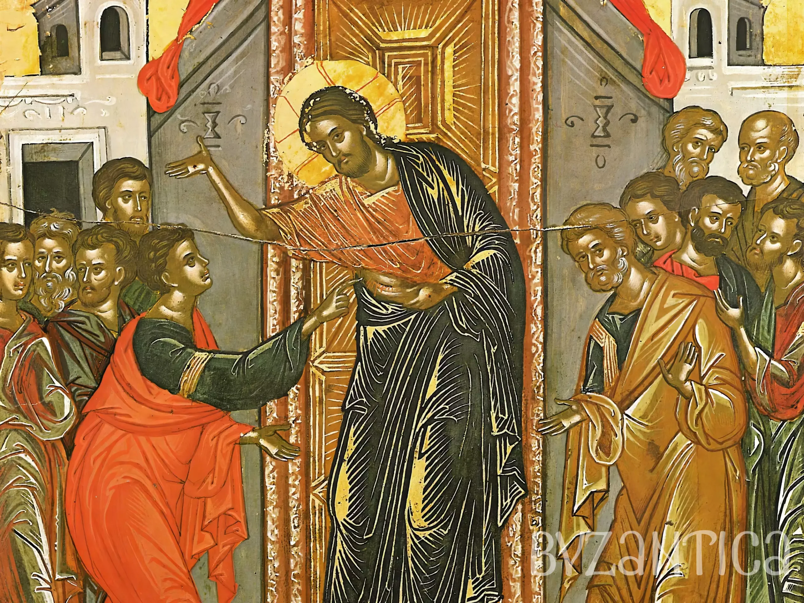 Detail of The Touch of Thomas Byzantine icon showing Christ and Thomas at the moment of recognition